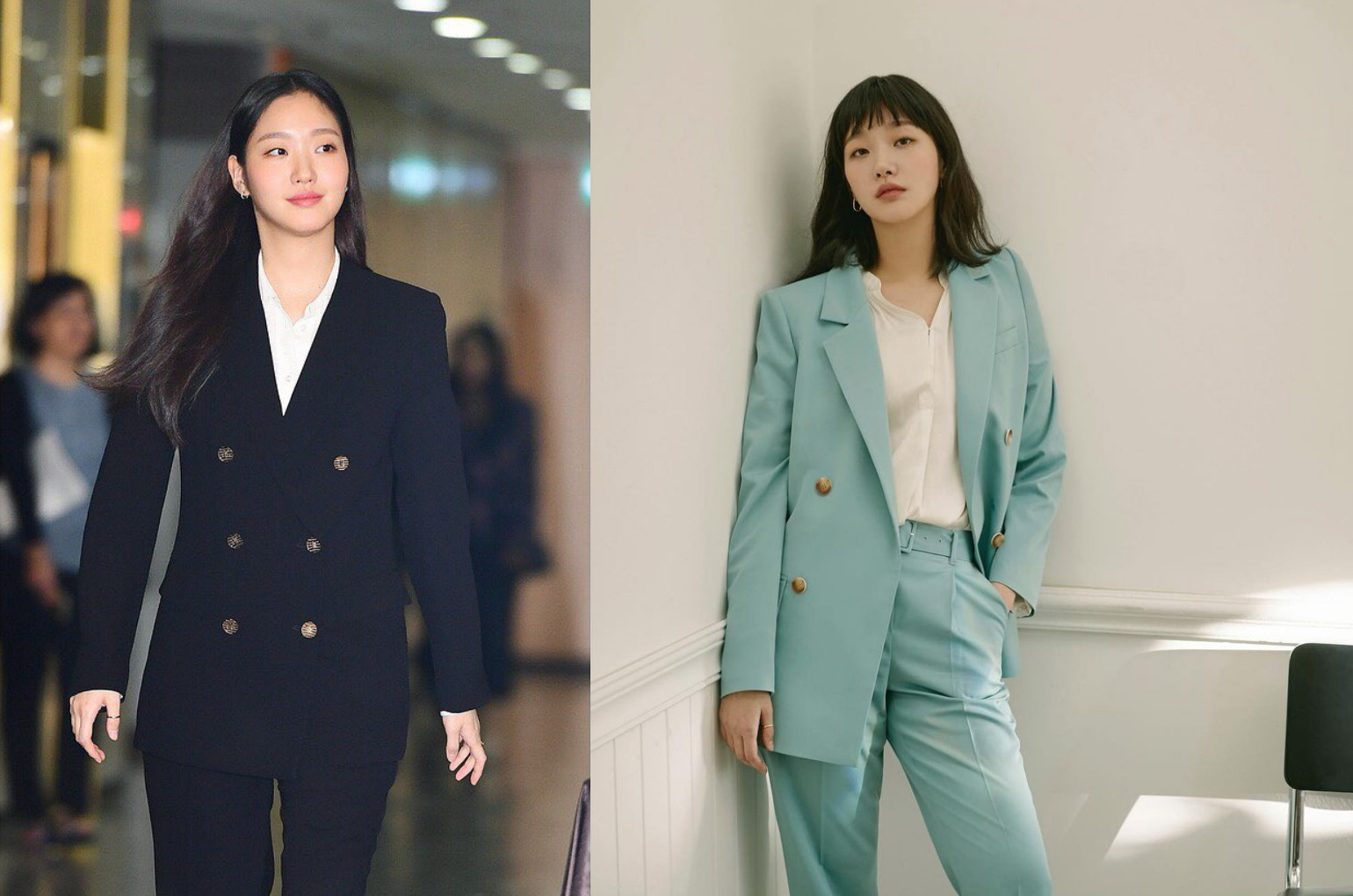 تعلم أسلوب الموضة من  Kim Go Eun thần thái ngút ngàn trong cả hai trang phục màu đen và xanh két theo phong cách "tổng tài" - Ảnh: Instagram