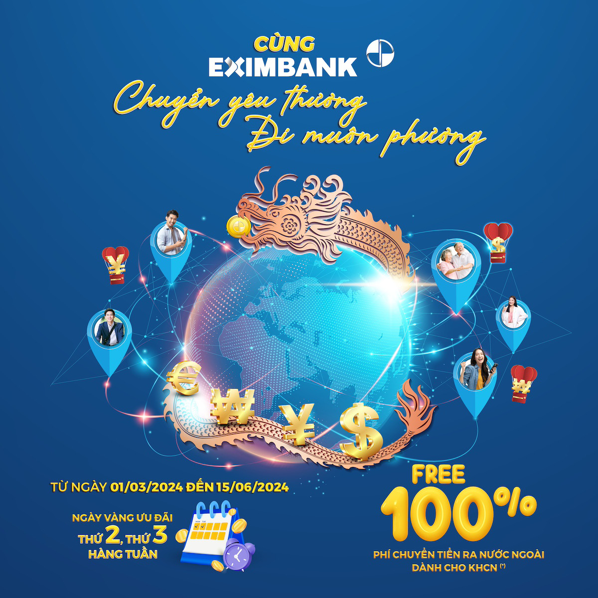 Eximbank vừa triển khai chương trình khuyến mại “Cùng Eximbank chuyển yêu thương - Đi muôn phương”, áp dụng cho khách hàng cá nhân chuyển tiền quốc tế - Ảnh: Eximbank