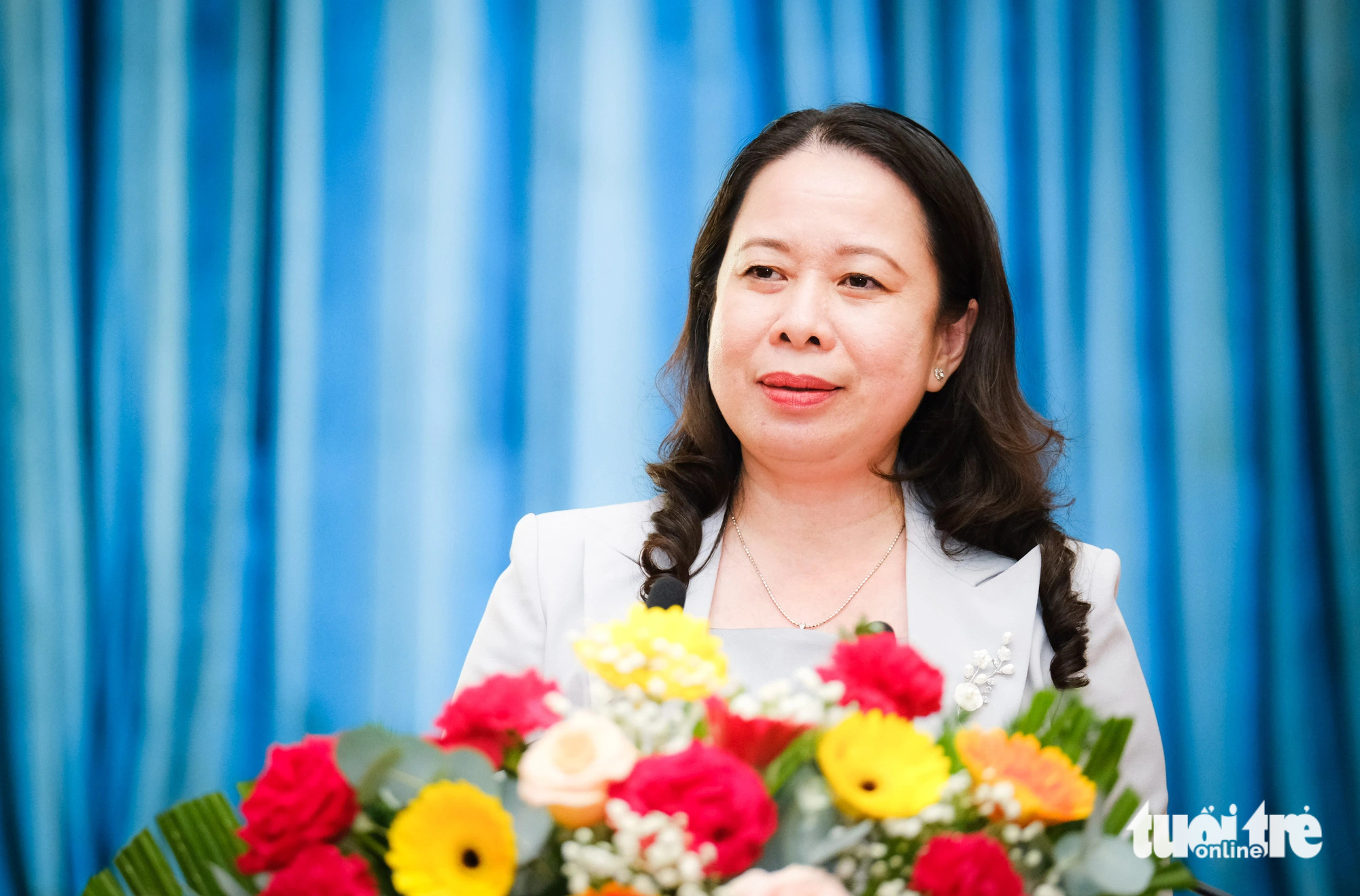 Quyền Chủ tịch nước Võ Thị Ánh Xuân phát biểu tại hội nghị ở TP Quy Nhơn, Bình Định sáng 29-3 - Ảnh: TẤN LỰC 