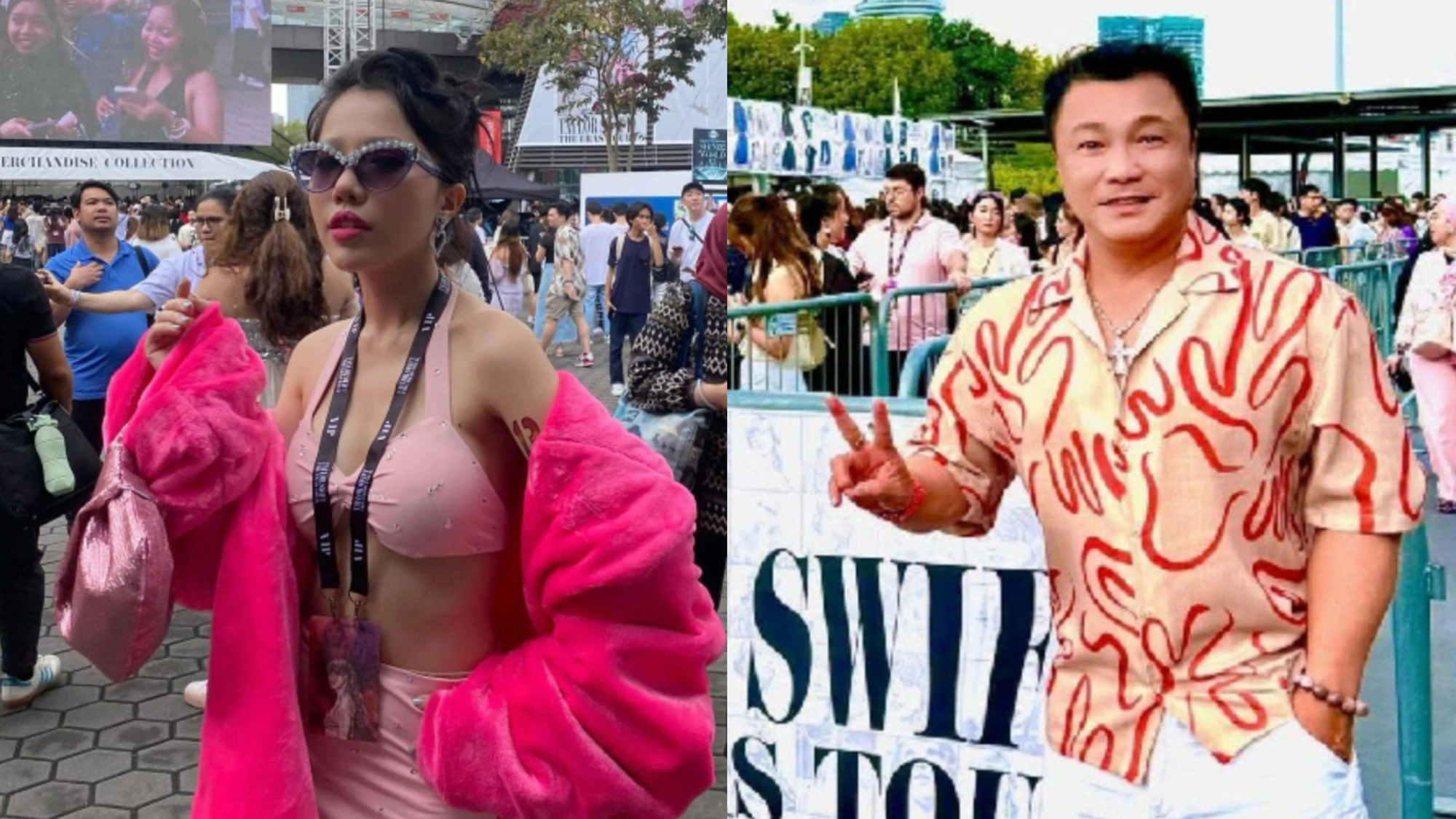 シンガポール・ナショナル・スタジアムの前で写真を撮った俳優リー・フン（右）と歌手フン・カイン・リン - 写真：Facebook キャラクター