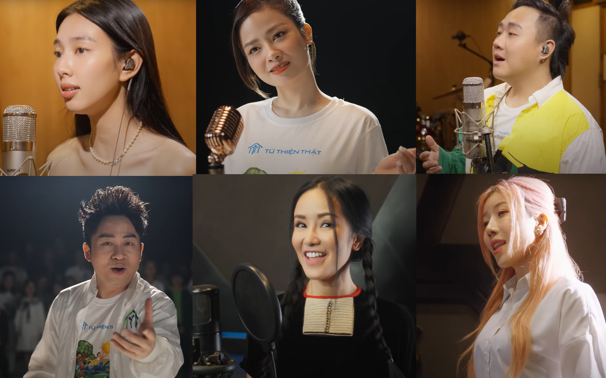 Από αριστερά προς τα δεξιά, από πάνω προς τα κάτω: Miss Thuy Tien, Duong Hoang Yen, Trung Quan, Tung Duong, Hong Nhung, Trang Phap - Η φωτογραφία κλάπηκε από το MV Từ trái qua, từ trên xuống: hoa hậu Thùy Tiên, Dương Hoàng Yến, Trung Quân, Tùng Dương, Hồng Nhung, Trang Pháp - Ảnh cắt từ MV
