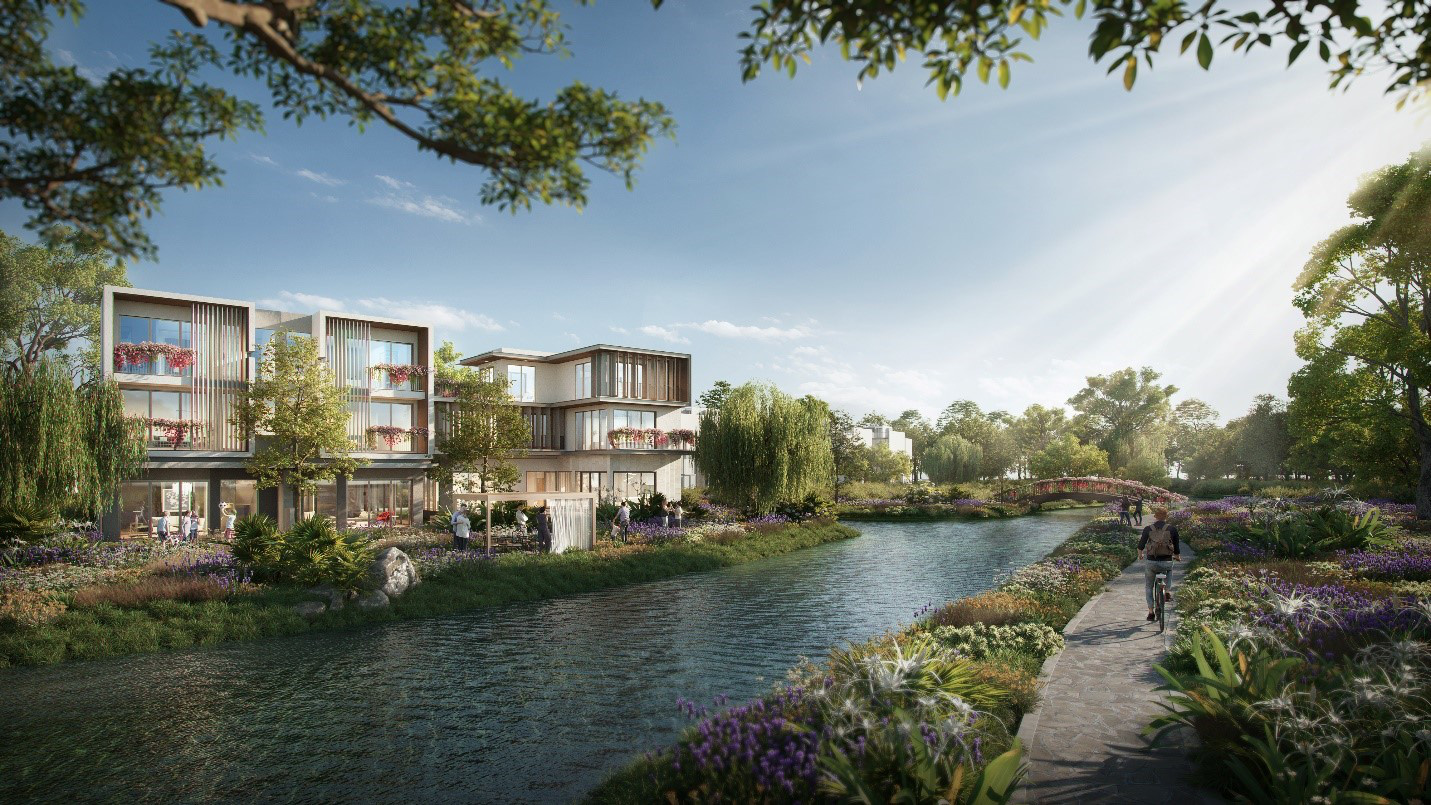 Ecovillage Saigon River với những căn biệt thự trước là quảng trường, sau nhà là sông nội khu - Ảnh: E.C.P.