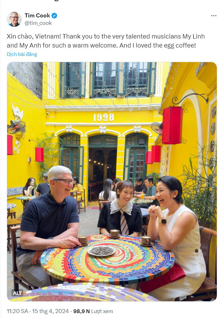 Bức ảnh của ông Tim Cook và mẹ con Mỹ Linh nhận tương tác khủng trên X và được chia sẻ rầm rộ qua Facebook - Ảnh: Chụp màn hình Bức ảnh của ông Tim Cook và mẹ con Mỹ Linh nhận tương tác khủng trên X và được chia sẻ rầm rộ qua Facebook - Ảnh: Chụp màn hình
