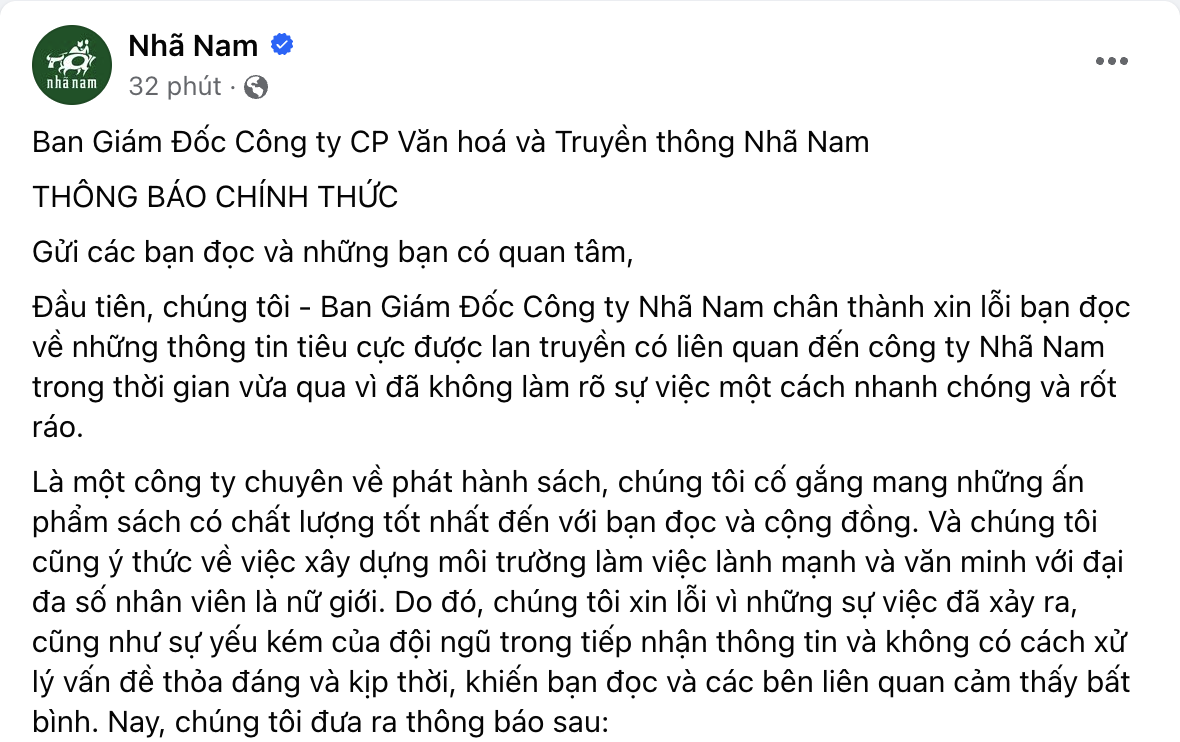 Nhã Nam xin lỗi, gỡ 'tâm thư' và tạm ngừng vị trí tổng giám đốc của ông Nhật Anh- Ảnh 1. Thông báo được Nhã Nam đưa ra lúc 19h30 tối 18-4
