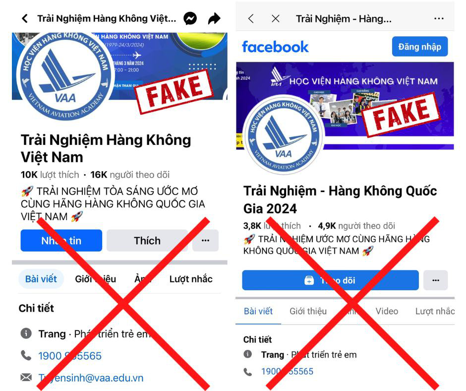 Nhiều trang mạo danh Học viện Hàng không Việt Nam trên mạng xã hội 