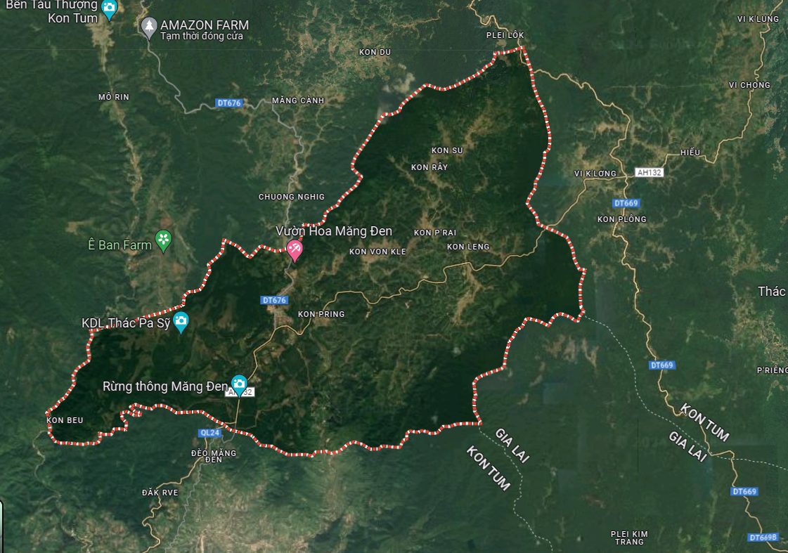 Năm 2022, UBND tỉnh Kon Tum đề xuất quy hoạch cảng hàng không Măng Đen tại thị trấn Măng Đen, công suất thiết kế  3 - 5 triệu hành khách/năm - Ảnh chụp lại Google Maps