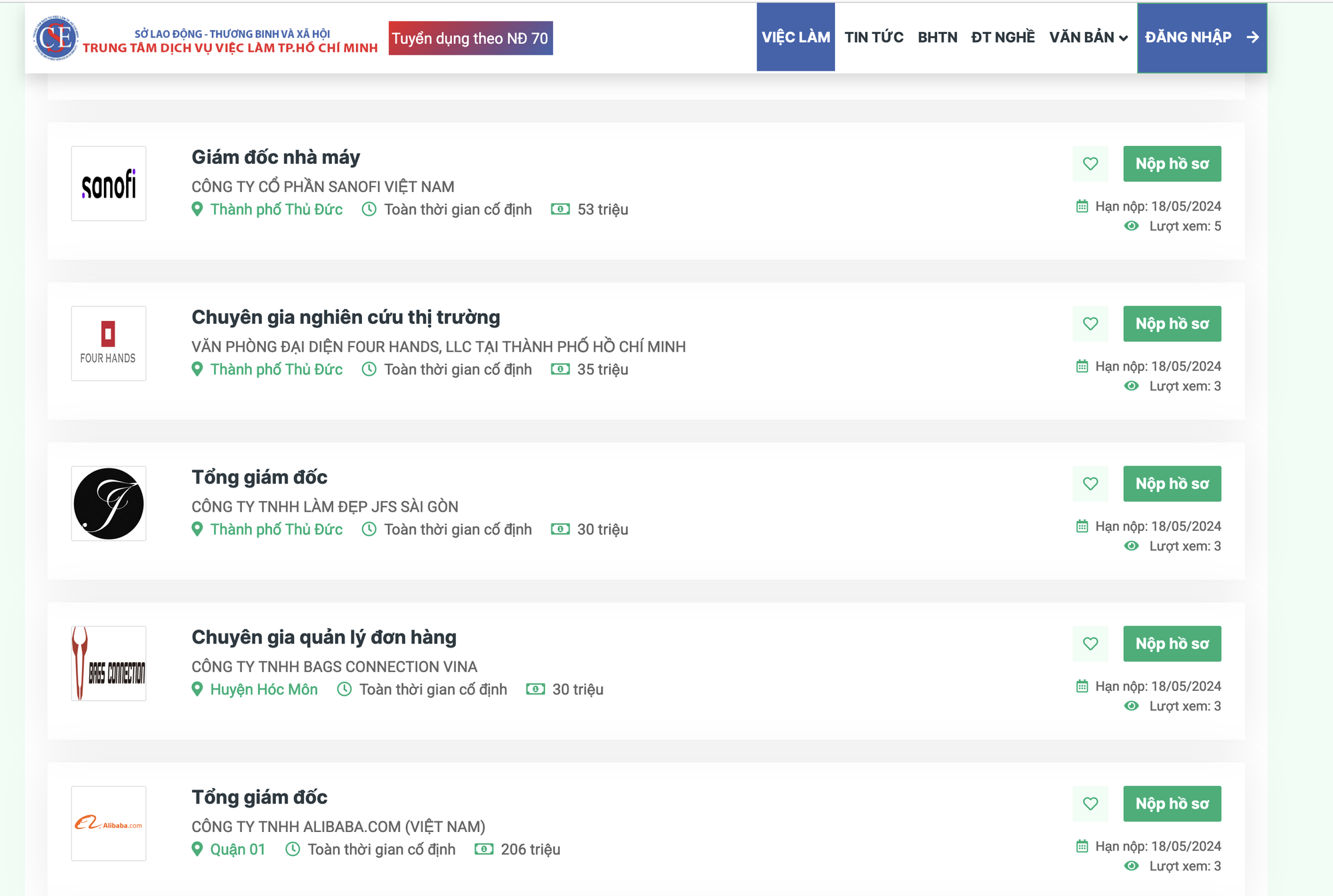 Nhiều vị trí tuyển dụng lao động chất lượng cao được đăng tải trên website của Trung tâm Dịch vụ việc làm TP.HCM - Ảnh chụp màn hình