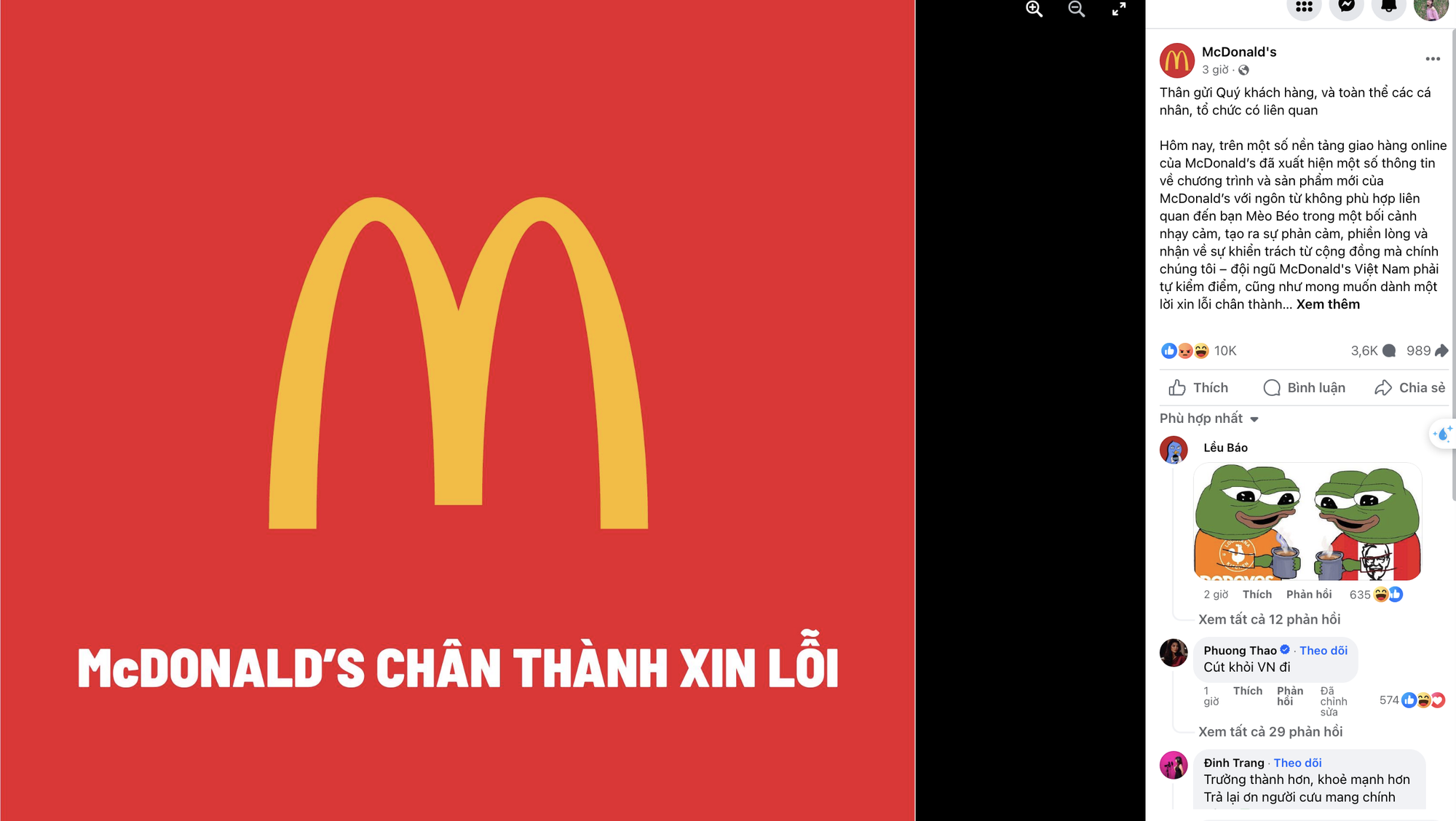 McDonald's Vietnam đăng bài xin lỗi sau quảng cáo bị "ném đá" vì phản cảm, kém duyên - Ảnh: Chụp màn hình