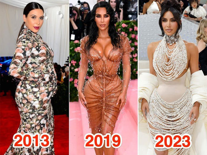 Exceto durante a gravidez, Kim Kardashian geralmente escolhia roupas super justas na cintura para comparecer ao Met Gala - Foto: Business Insider Trừ lúc mang bầu, còn lại Kim Kardashian thường lựa chọn trang phục siết eo siêu nhỏ để dự Met Gala - Ảnh: Business Insider