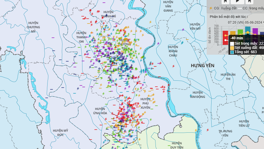 Bản đồ phân bổ sét tại Hà Nội sáng 5/6 - Ảnh: Trung tâm Khí tượng Thủy văn Quốc gia