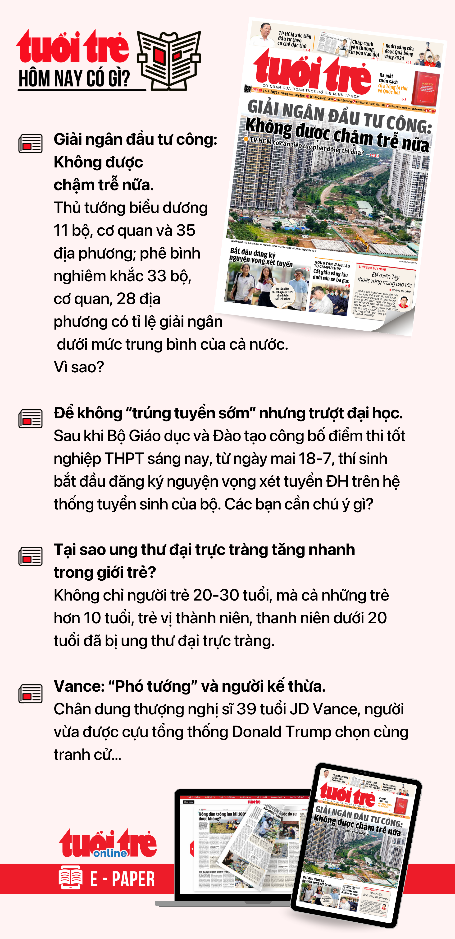 Tin tức chính trên Tuổi Trẻ nhật báo hôm nay 17-7. Để đọc Tuổi Trẻ báo in phiên bản E-paper, mời bạn đăng ký Tuổi Trẻ Sao TẠI ĐÂY