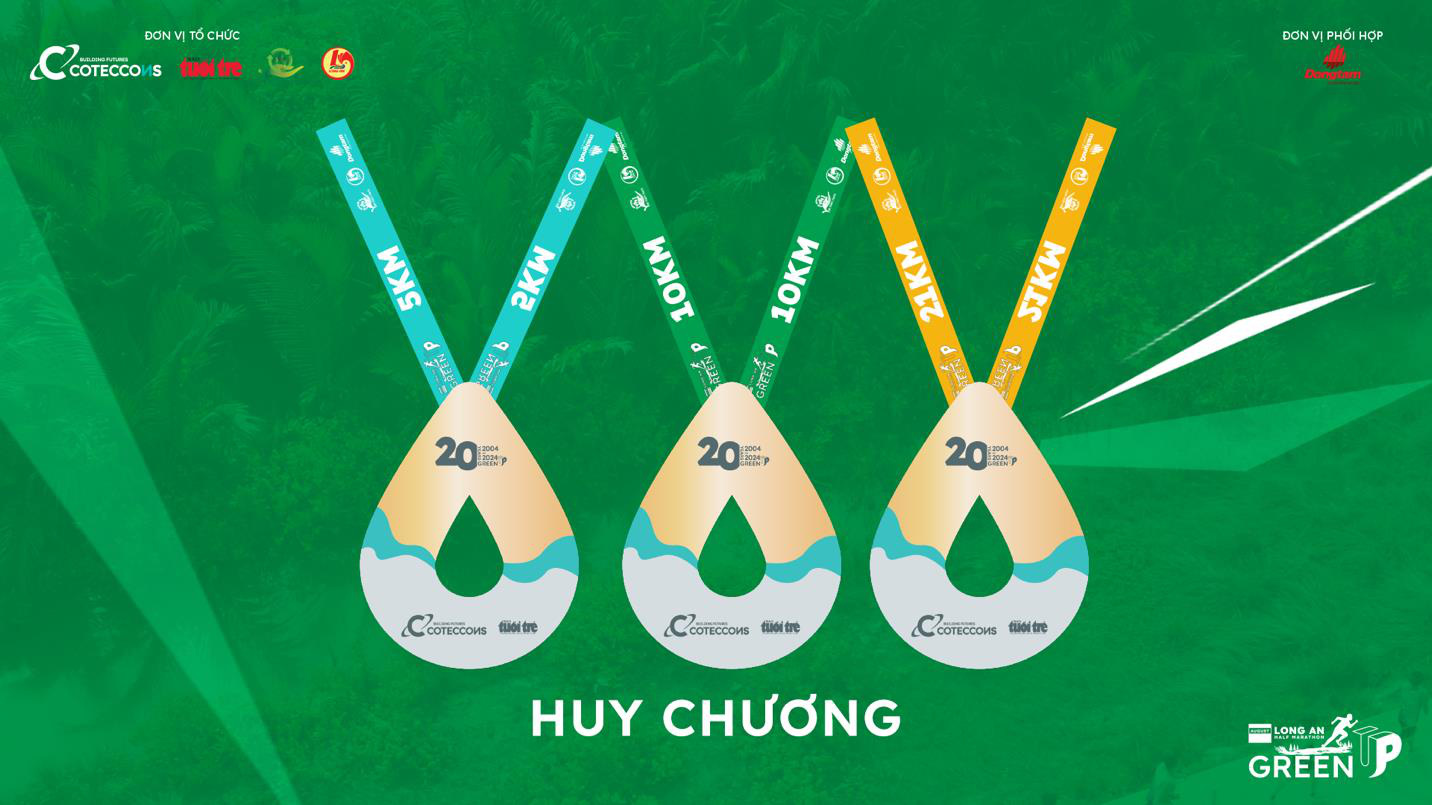 Bộ huy chương của giải chạy GreenUP Marathon - Long An Half Marathon 2024