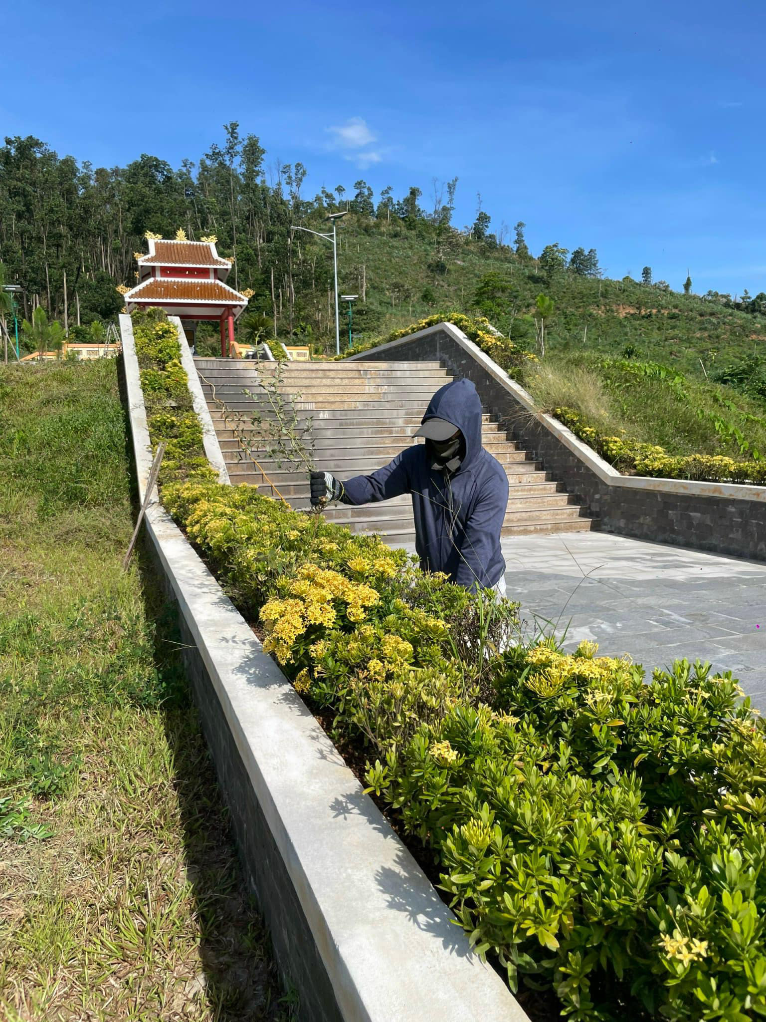 Nhân viên Ban quản lý rừng phòng hộ sông Bồ trồng mới cây xanh tại Nhà bia tưởng niệm 13 liệt sĩ Rào Trăng hy sinh tại tiểu khu 67 - Ảnh: Ban quản lý rừng phòng hộ sông Bồ