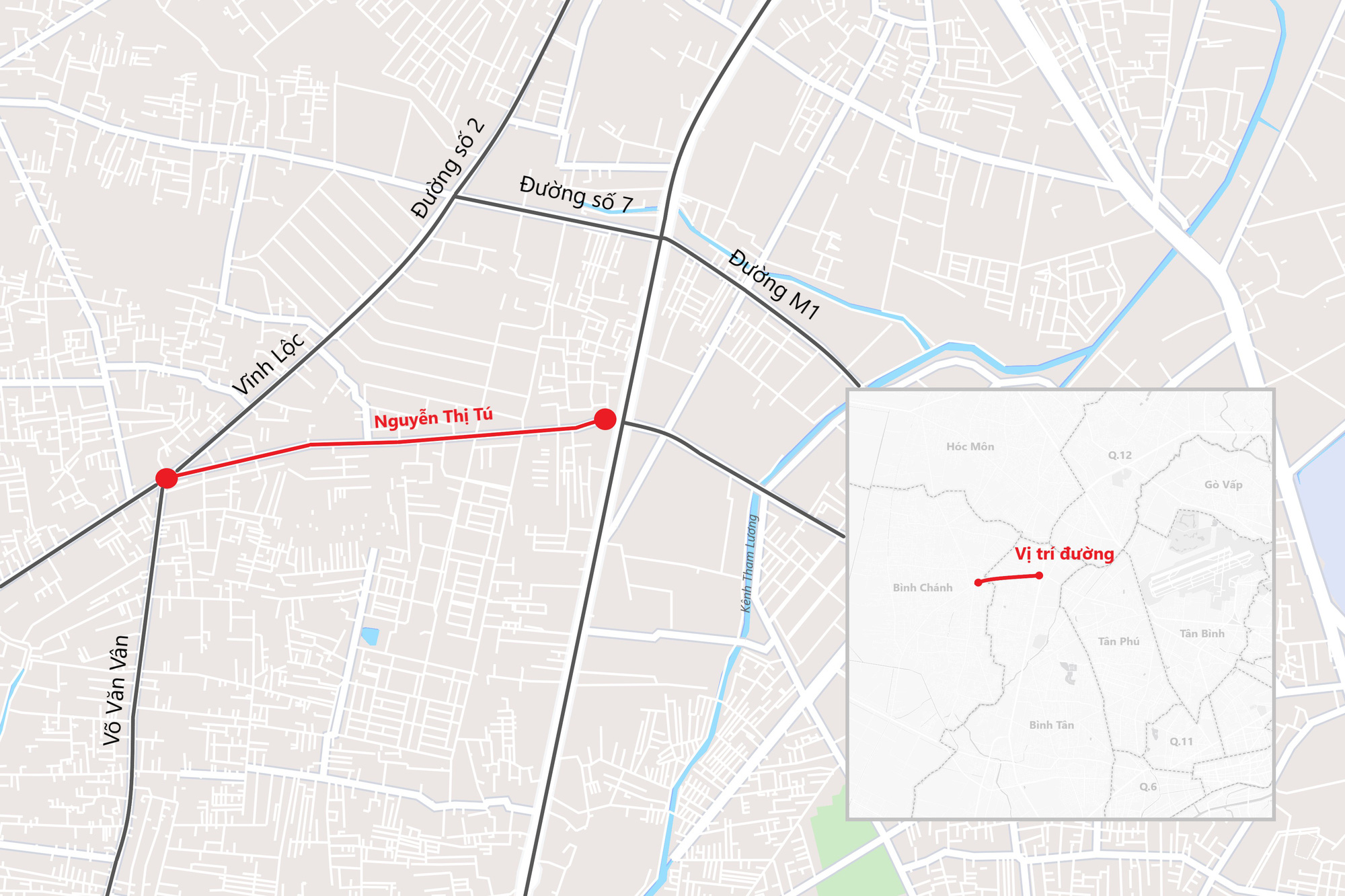 Đường Nguyễn Thị Tú dài khoảng 2,4km, kết nối từ quốc lộ 1 đến đường Vĩnh Lộc, huyện Bình Chánh - Đồ họa: PHƯƠNG NHI