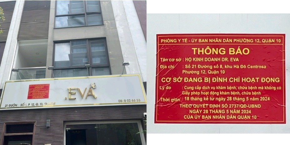 Bị đình chỉ nhưng một 'cơ sở thẩm mỹ' vẫn bất chấp làm đẹp cho chị em- Ảnh 1. Hộ kinh doanh “DR EVA” được UBND quận 10 dán biển cảnh báo “Cơ sở đang bị đình chỉ hoạt động” - Ảnh: Sở Y tế cung cấp