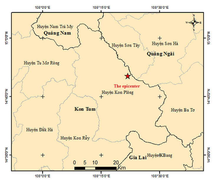 Vị trí tâm chấn trận động đất ở Kon Plông (Kon Tum) sáng 28-7 - Ảnh: Viện Vật lý địa cầu