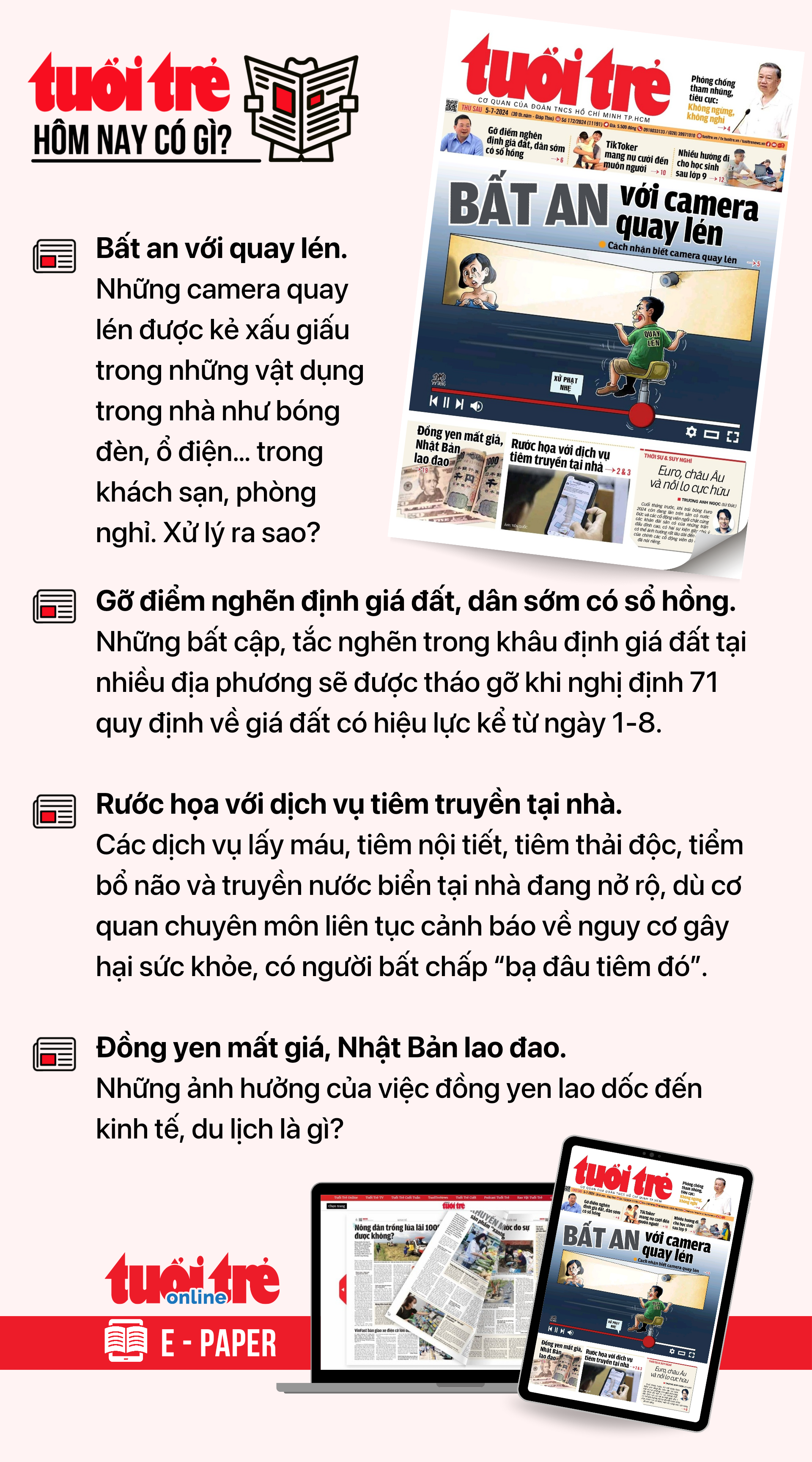 Tin tức chính trên Tuổi Trẻ nhật báo hôm nay 5-7. Để đọc Tuổi Trẻ báo in phiên bản E-paper, mời bạn đăng ký Tuổi Trẻ Sao TẠI ĐÂY