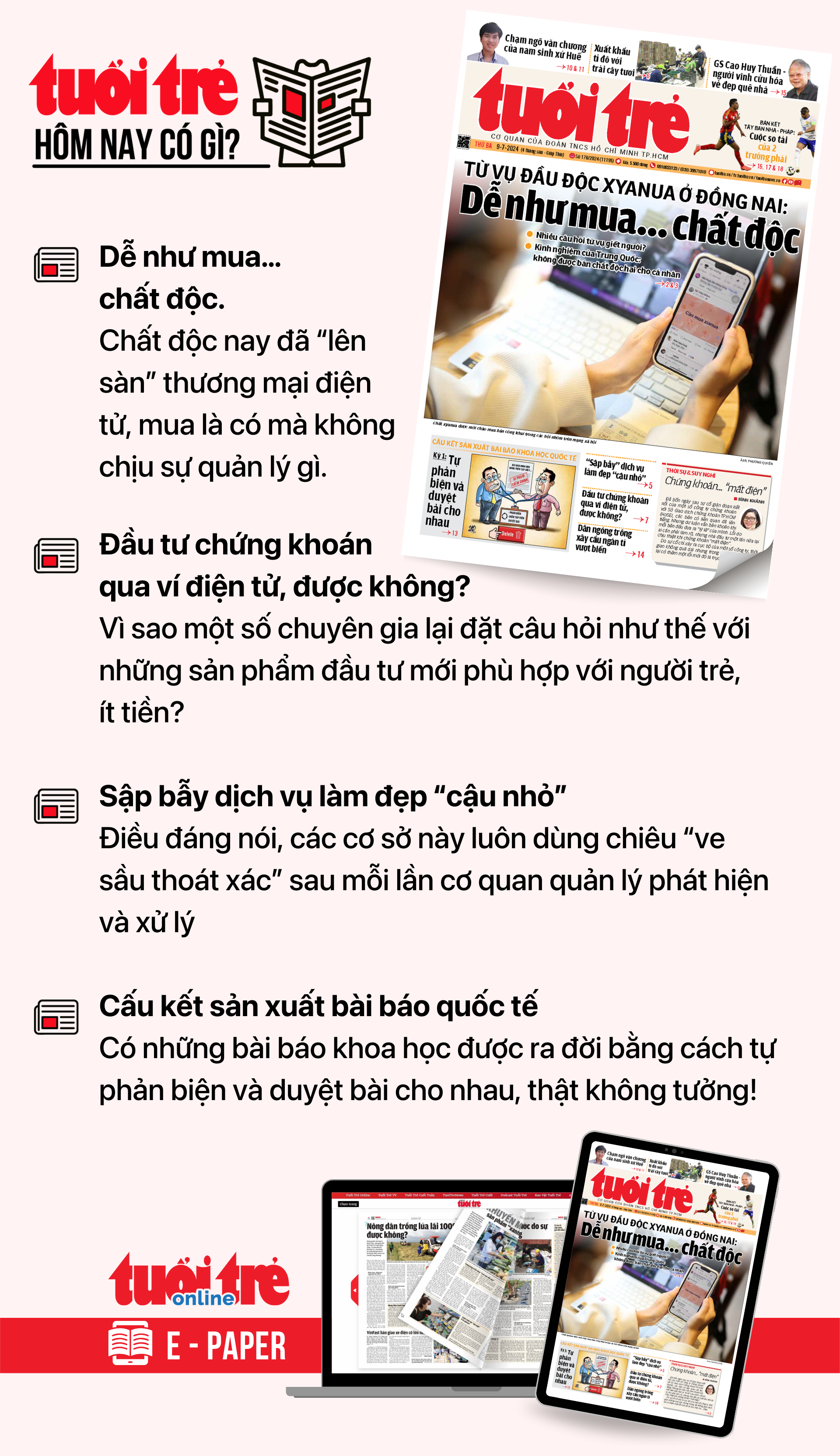 7月9日の日刊トゥオイトレ紙に注目すべきニュース。  Tuoi Tre 新聞を電子紙版で読むには、こちらから Tuoi Tre Sao を購読してください。