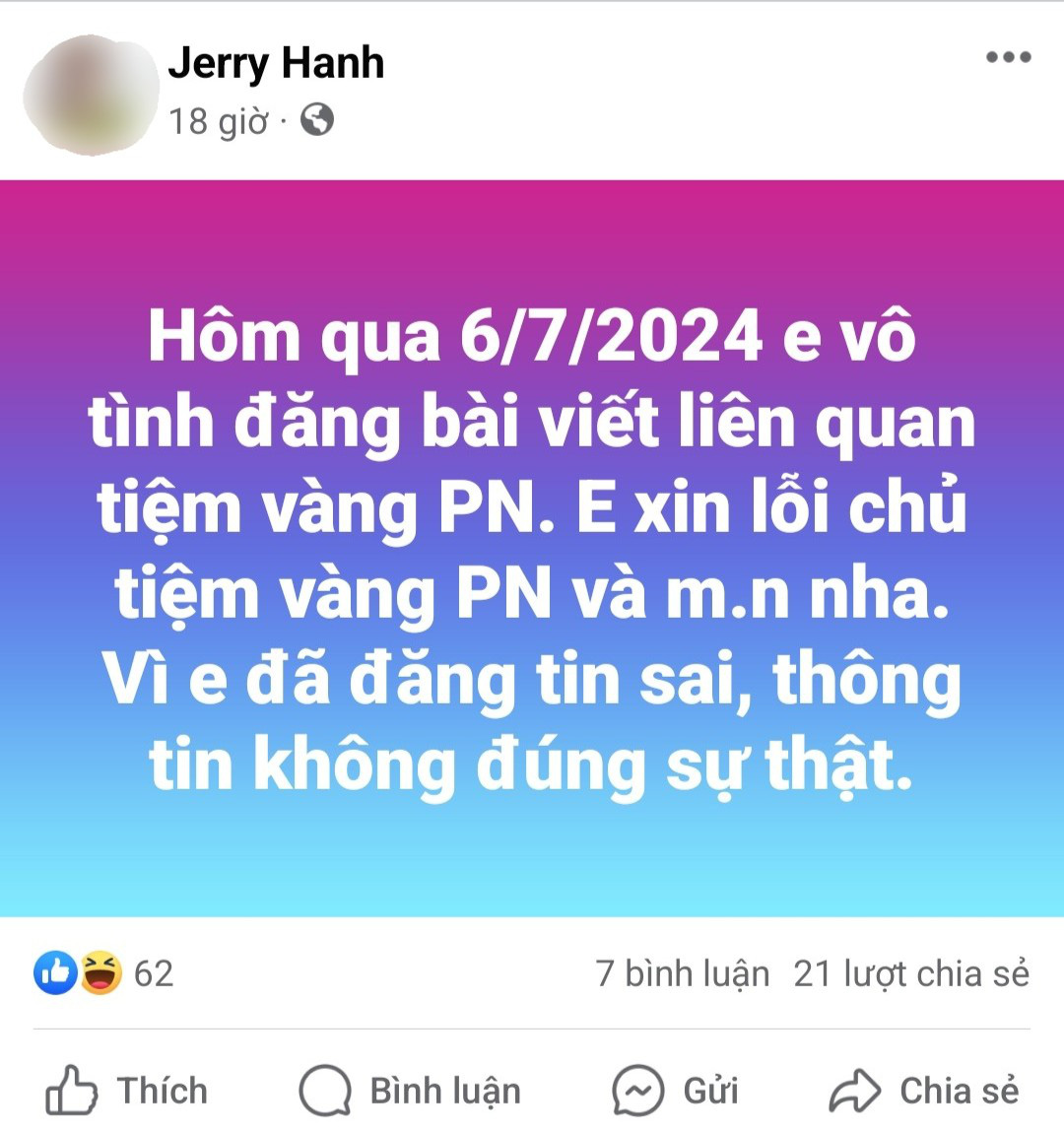 Thông tin đính chính, xin lỗi trên Facebook “Jerry Hanh” - Ảnh: Nguyễn Nhân