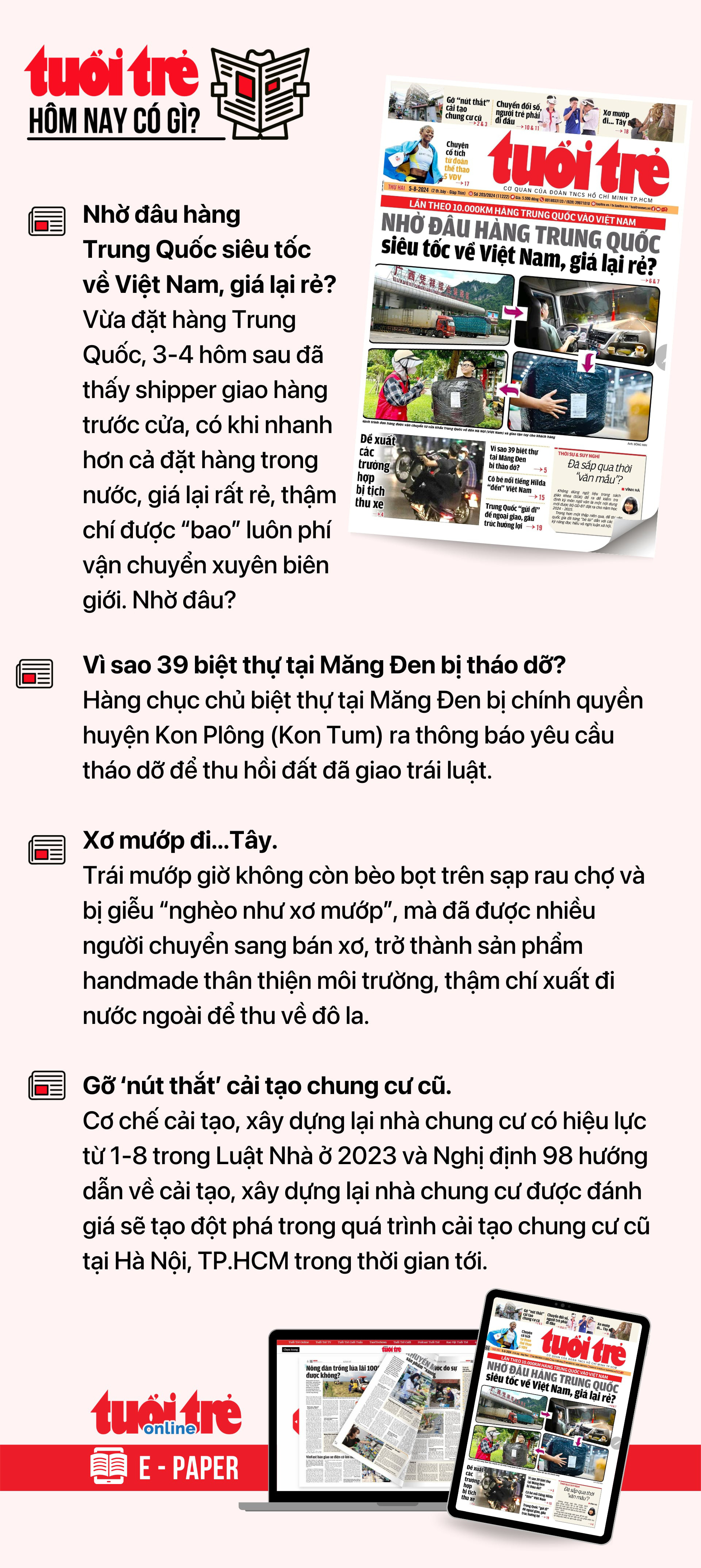 Tin tức chính trên Tuổi Trẻ nhật báo hôm nay 5-8. Để đọc Tuổi Trẻ báo in phiên bản E-paper, mời bạn đăng ký Tuổi Trẻ Sao TẠI ĐÂY