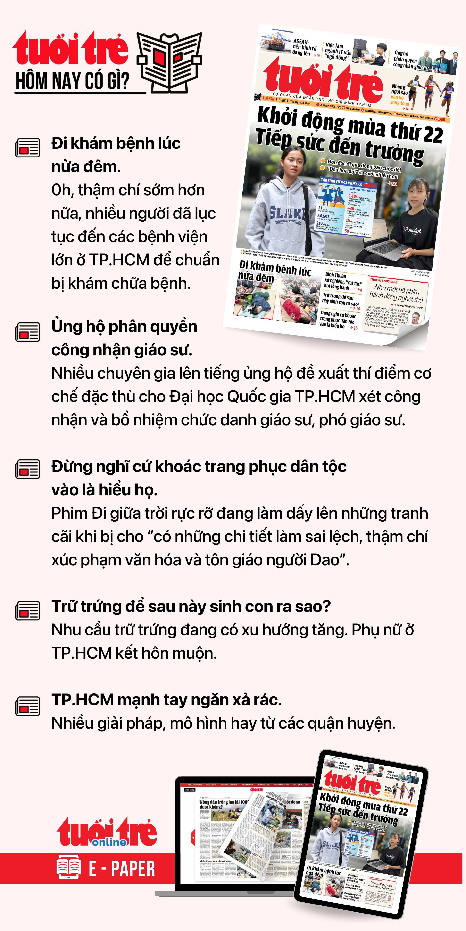 Tin tức chính trên Tuổi Trẻ nhật báo hôm nay 8-8. Để đọc Tuổi Trẻ báo in phiên bản E-paper, mời bạn đăng ký Tuổi Trẻ Sao TẠI ĐÂY