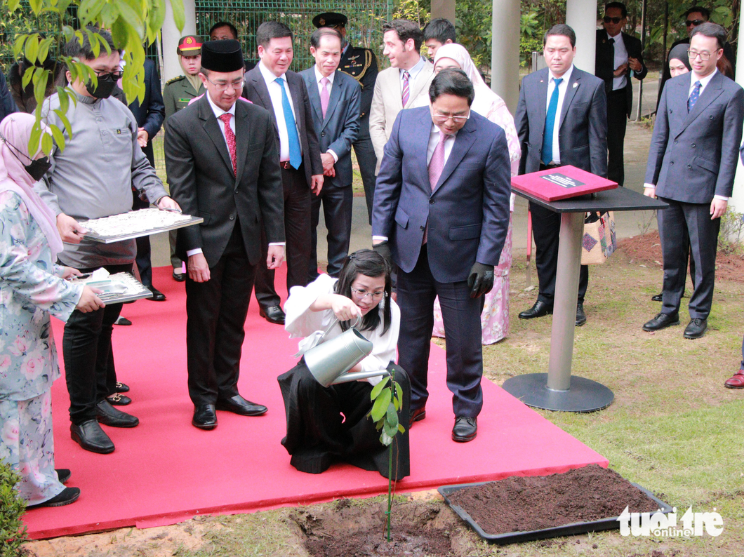 Thủ tướng và phu nhân tưới nước cho cây Resak Durian sau khi trồng - Ảnh: DUY LINH