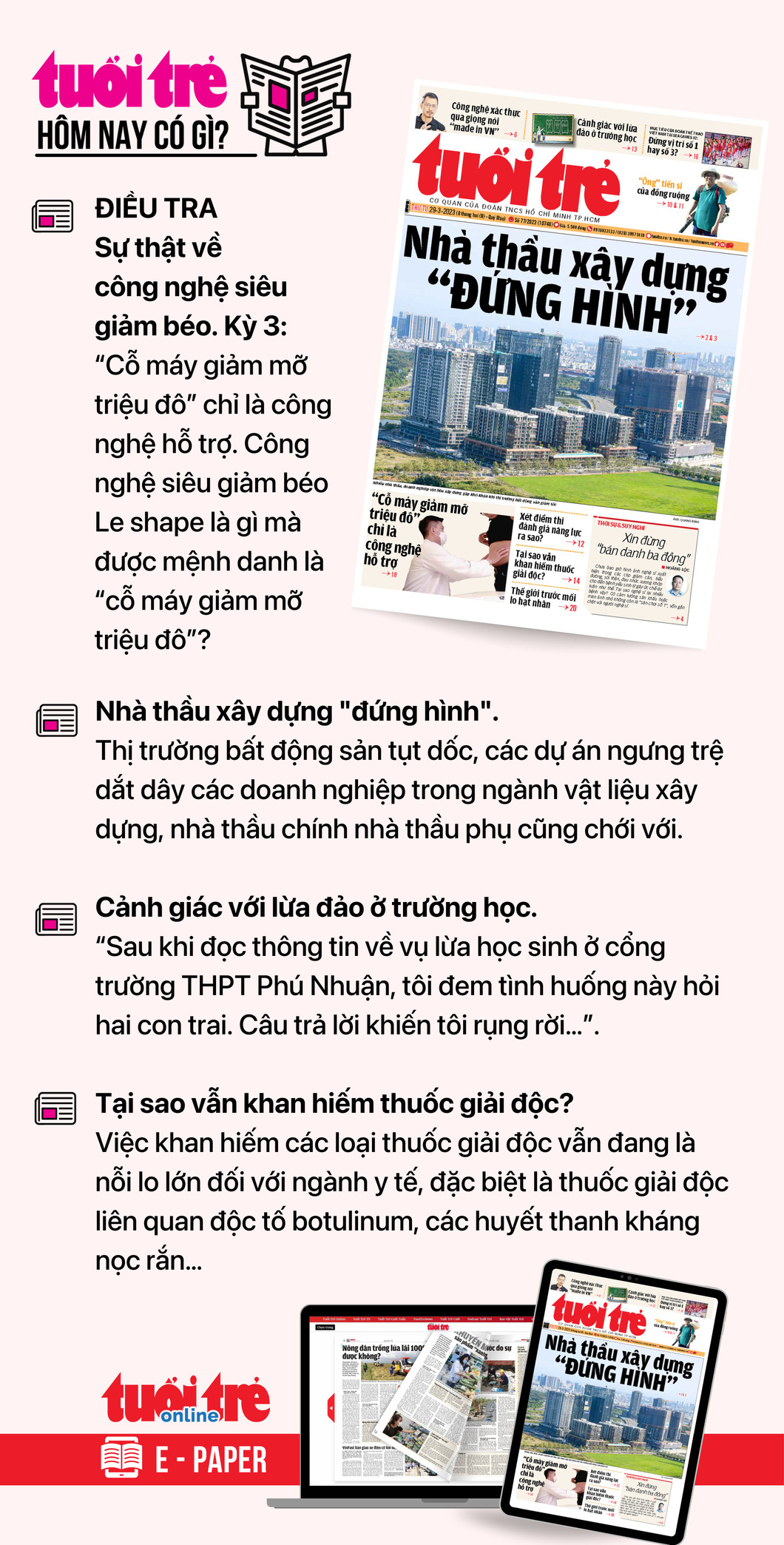 Tin tức chính trên Tuổi Trẻ nhật báo hôm nay 29-3. Đăng ký Tuổi Trẻ Sao đọc báo in bản E-paper TẠI ĐÂY