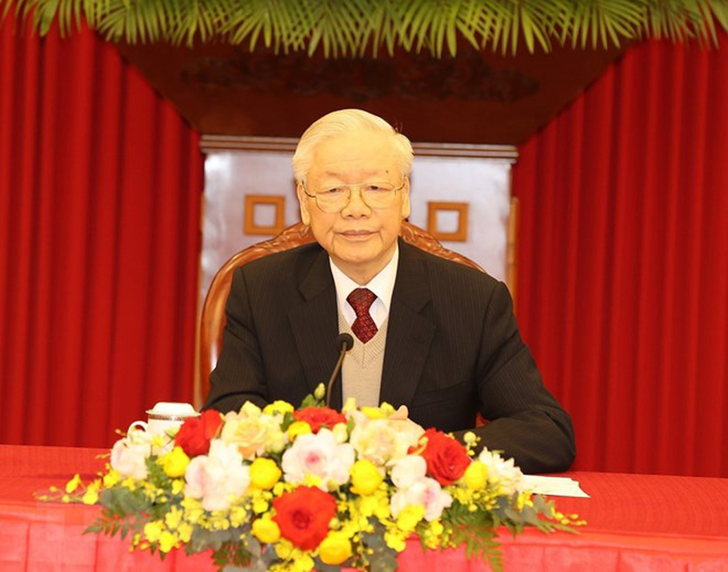 Tổng bí thư Nguyễn Phú Trọng trong cuộc điện đàm với Tổng thống Mỹ Joe Biden tối 29-3 - Ảnh: TTXVN