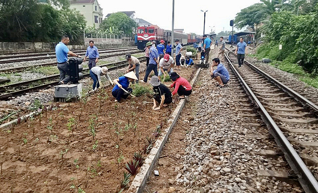 Cán bộ, công nhân đường sắt và các đoàn viên, cựu chiến binh trồng hoa dọc đường sắt tại Quảng Bình sau lễ phát động - Ảnh: ĐSVN