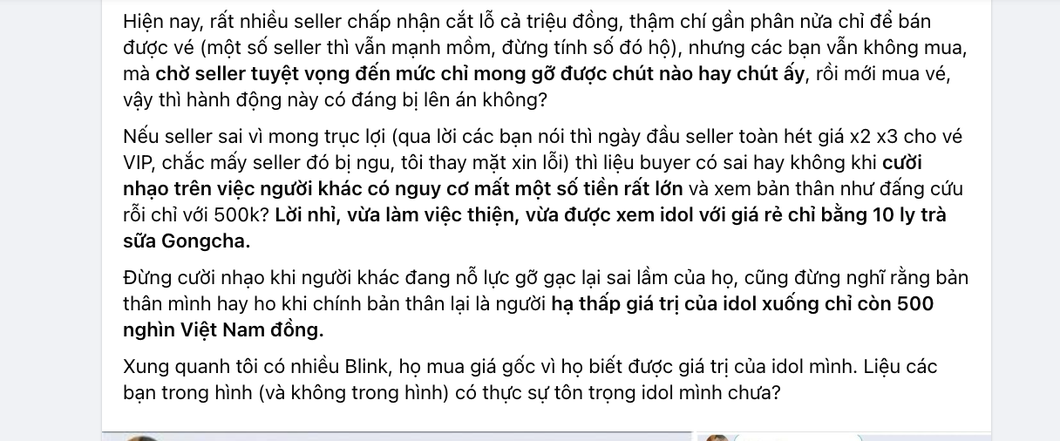 Ảnh chụp màn hình trích đoạn bài chia sẻ của một người tự nhận là dân phe vé trách móc người mua "chờ người bán tuyệt vọng tới cùng cực mới mua lại" bị ném đá tơi tả trên một nhóm đu idol Facebook - Ảnh chụp màn hình