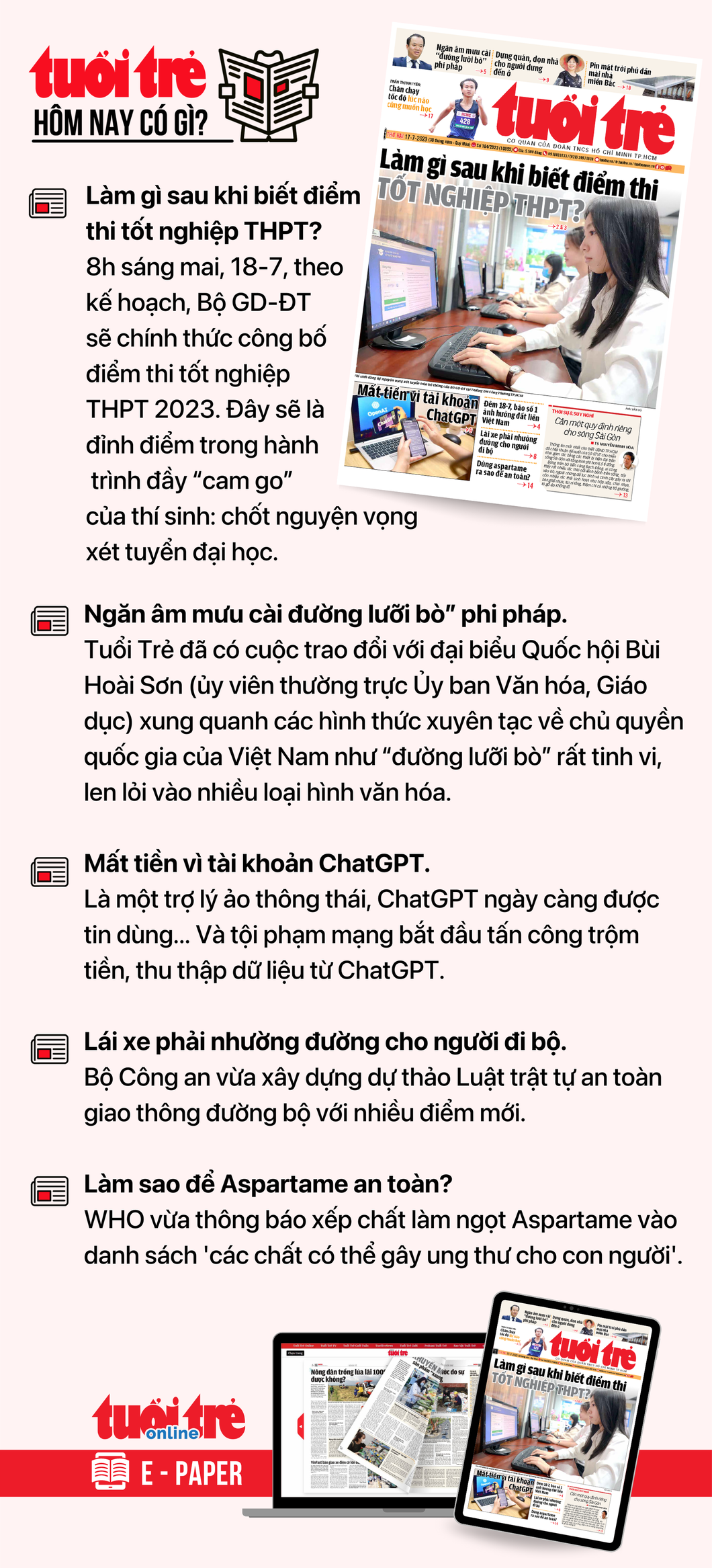 Tin tức chính trên Tuổi Trẻ nhật báo hôm nay 17-7. Để đọc Tuổi Trẻ báo in phiên bản E-paper, mời bạn đăng ký Tuổi Trẻ Sao TẠI ĐÂY