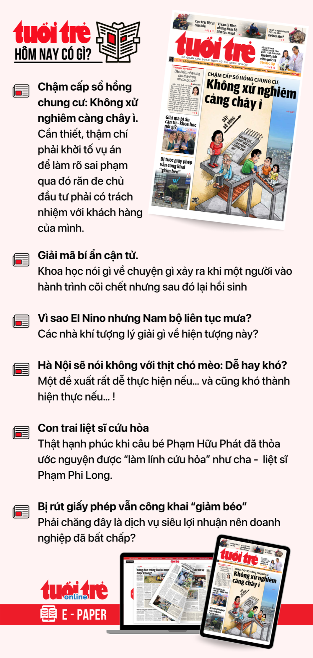 Tin tức chính trên Tuổi Trẻ nhật báo hôm nay 7-7. Để đọc Tuổi Trẻ báo in phiên bản E-paper, mời bạn đăng ký Tuổi Trẻ Sao.