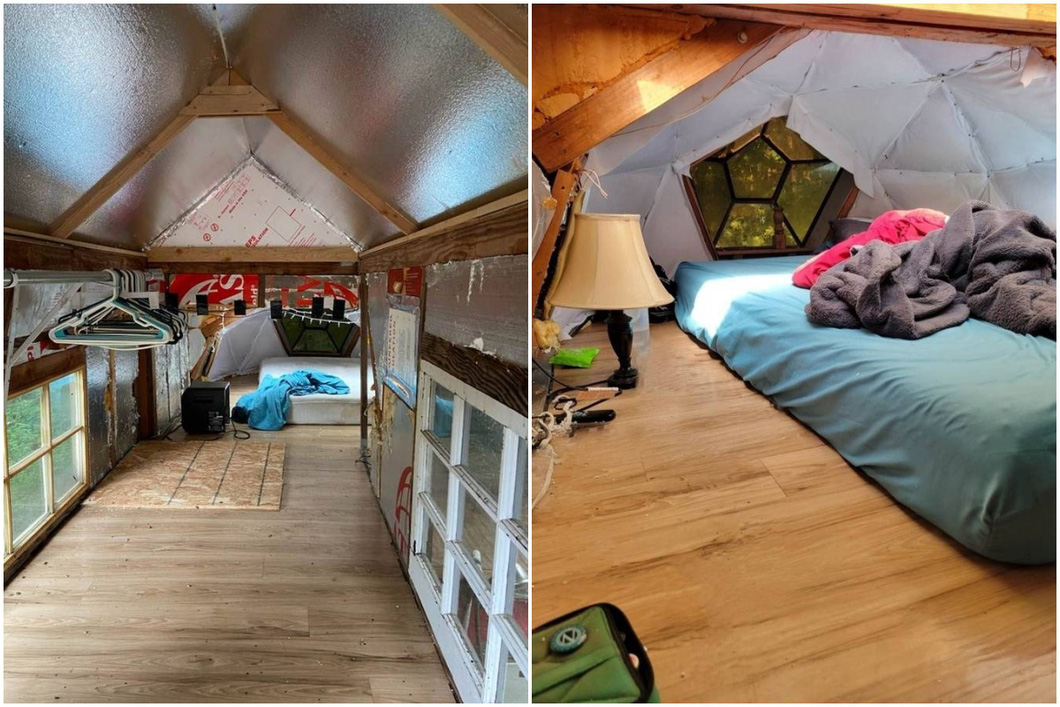 The bedroom is on the top floor and has a mattress near the window.  The corridor connecting the bedroom and the outdoor space is equipped with clothes hangers.  The picture looks like it will be a place to sleep if there are guests in the house - photo: craigslist