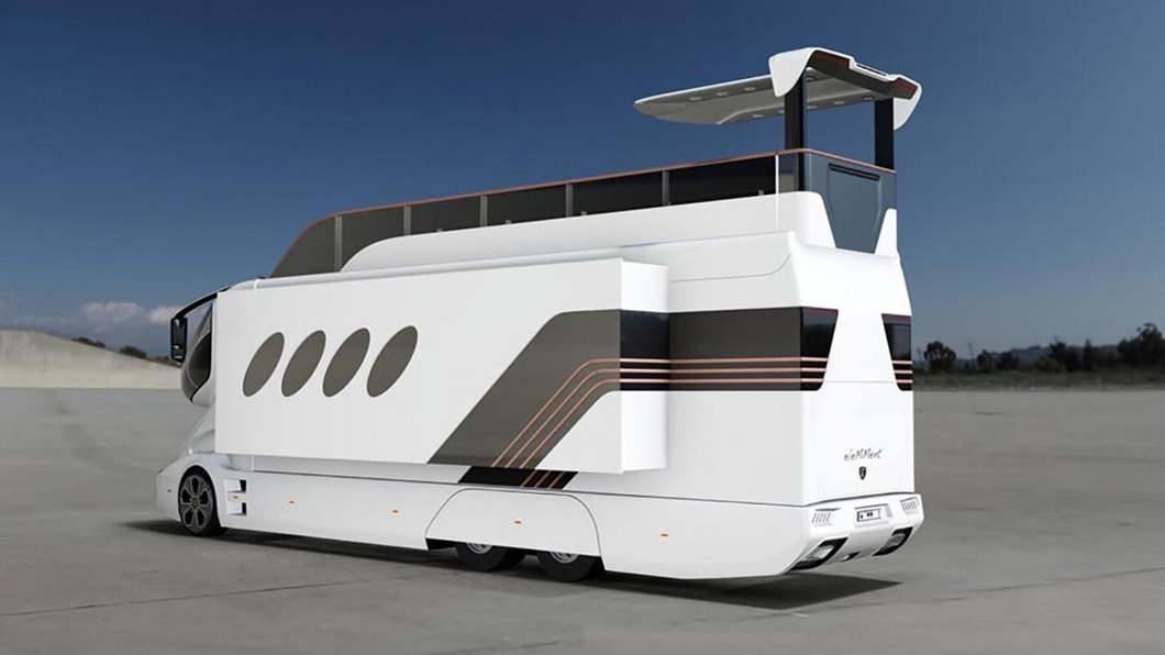 Similar to a superyacht, this mobile home has a terrace called the Sky Lounge, which is accessed by an automatic lift.  There is a terrace, a Steinway and Lyngdorf sound system and floor heating.  Everything is done at the touch of a button.  Normally, it would be placed in the body of the car to avoid entanglement - Photo: Marchi Mobile Vienna