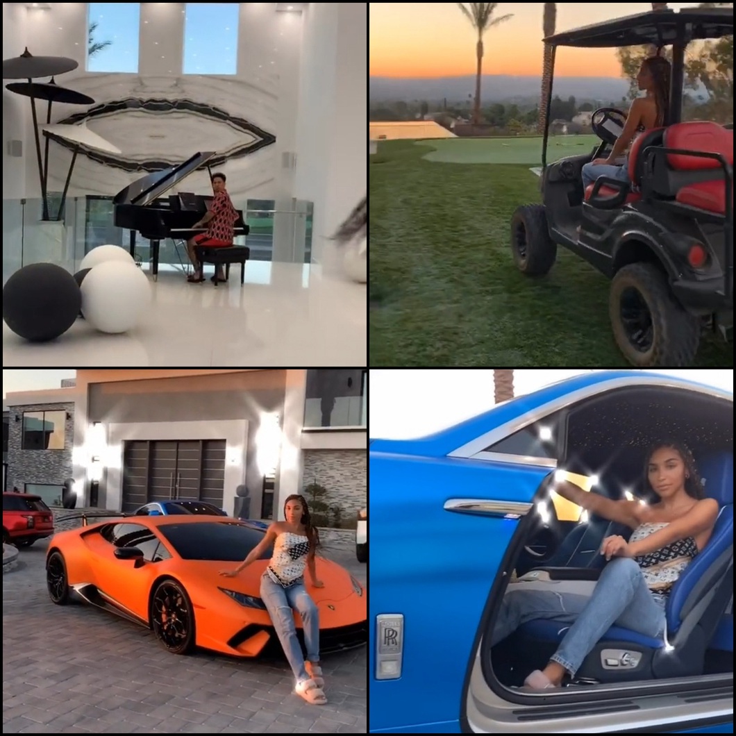 From supercars to Rolexes, TikTokers are the real rich kids: Flying to work in a helicopter, living in a palace - Pic 9. TikTok star Chantel Jeffries takes her followers on a tour of her partner's modern mansion. Inside the house, Austin, Chantal's wealthy friend, sat comfortably in front of the grand piano in the center of the marble foyer before heading into the game room—which featured a pool table and classic video games. Chantel herself used to drive in luxury cars, and even drive a golf cart into the sunset, apparently because the ground was too big to walk on - Photo: Chantel Jeffries / TikTok
