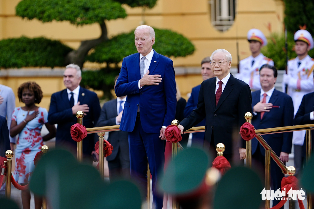 Tổng Bí thư Nguyễn Phú Trọng chủ trì lễ đón chính thức Tổng thống Mỹ Joe Biden tại Phủ Chủ tịch chiều 10-9 - Ảnh: NAM TRẦN