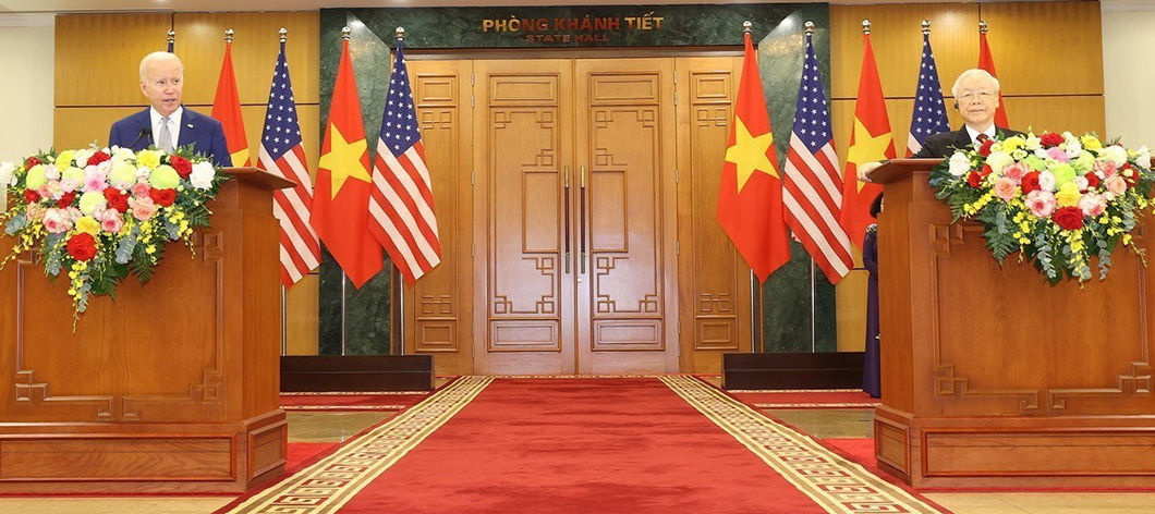 Tổng bí thư Nguyễn Phú Trọng và Tổng thống Mỹ Joe Biden phát biểu tại cuộc gặp báo chí sau hội đàm ngày 10-9 - Ảnh: TTXVN