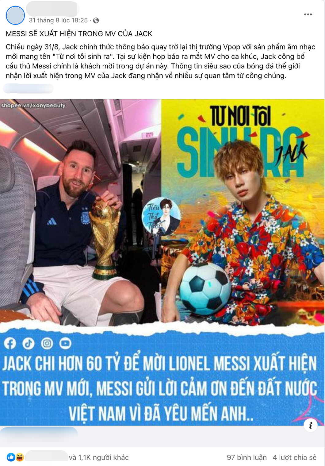 Một trong các fanpage trên mạng xã hội đăng tin đồn về số tiền được chi để gặp Messi vào 18h25 tối 31-8, trước khi MV của Jack ra mắt - Ảnh: Chụp màn hình
