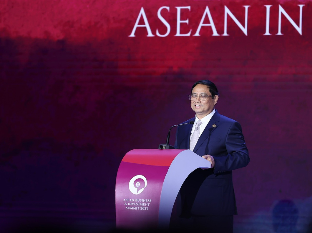 Thủ tướng có bài phát biểu tại Hội nghị ABIS 2023 với chủ đề: "ASEAN trong thế giới đa cực" - Ảnh: N.BẮC