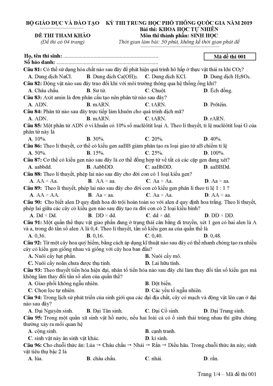 Đề tham khảo thi THPT quốc gia 2019 môn sinh - Ảnh 1.