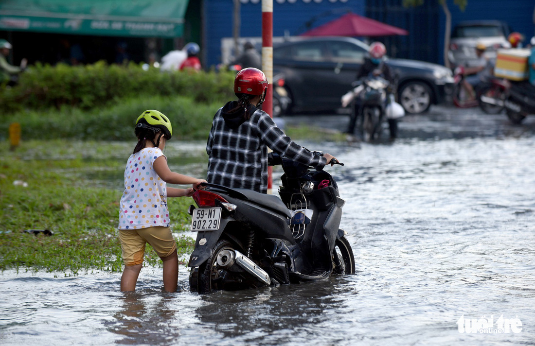 Triều cường chưa đạt đỉnh, người dân đã bì bõm lội nước giờ tan tầm - Ảnh 6.