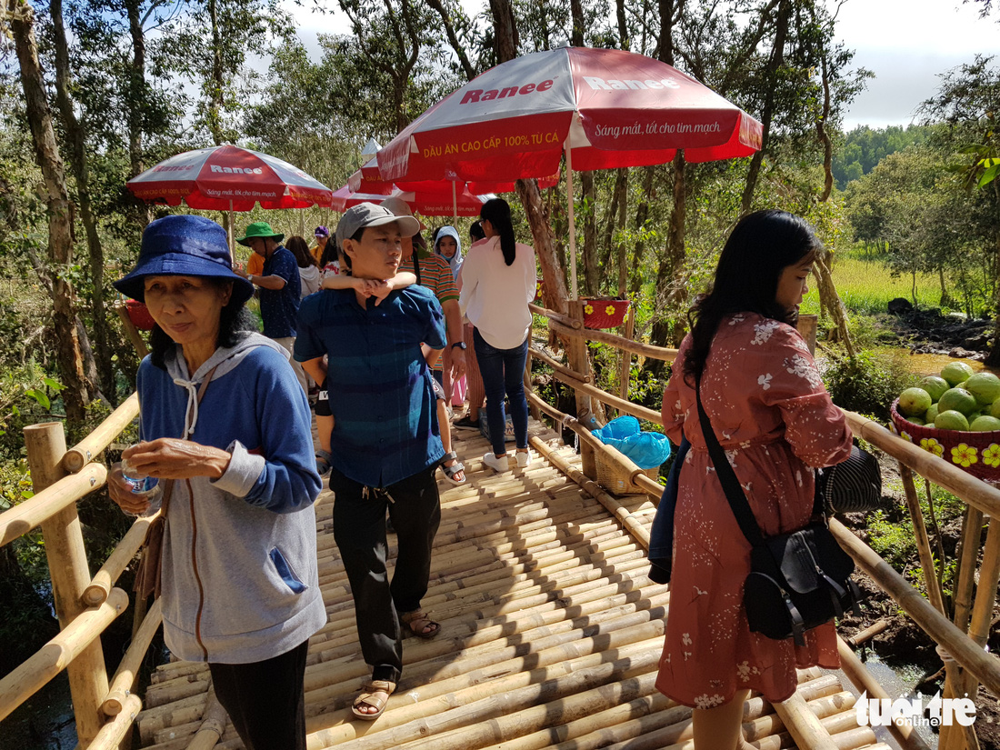 Khách đi cầu Tre dài nhất Việt Nam 10km, mỏi chân thì ăn buffet bánh tét, bánh bò - Ảnh 2.