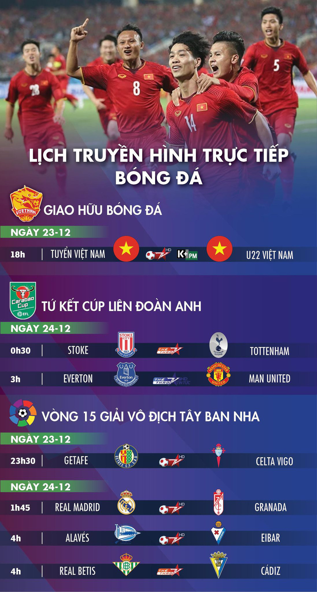 Lịch trực tiếp bóng đá 23-12: U22 Việt Nam - Tuyển Việt Nam, Everton - Man United - Ảnh 1.