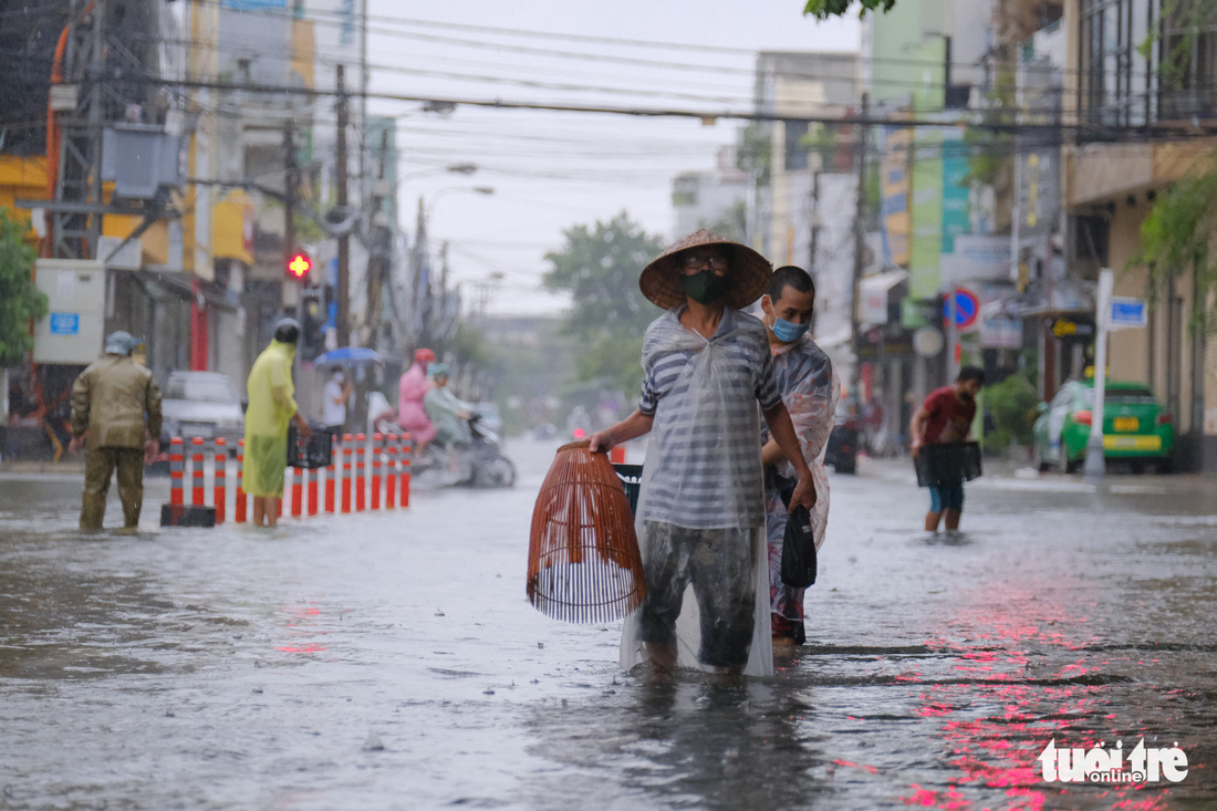 Mưa ngập nội thành, người dân Đà Nẵng ra đường bắt cá  - Ảnh 1.