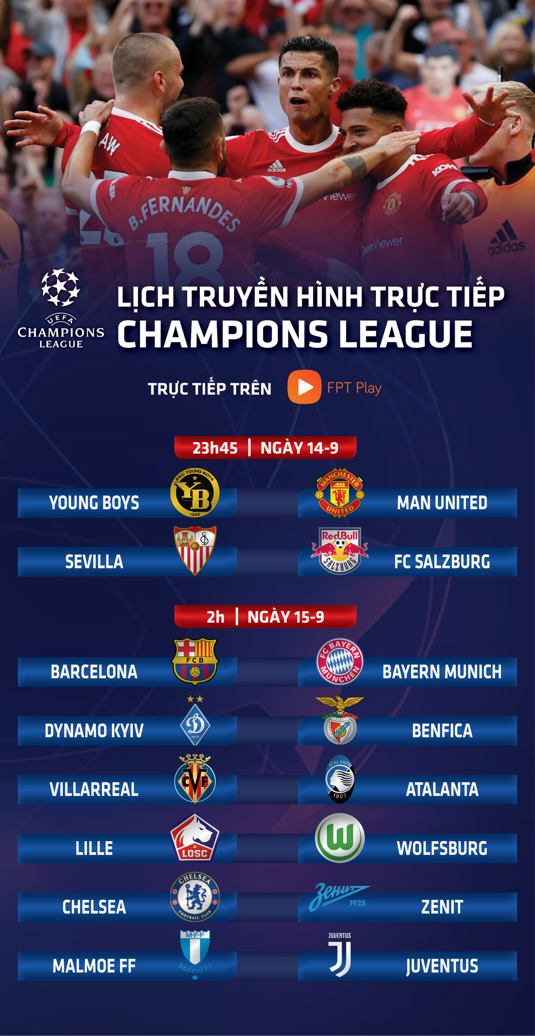 Lịch trực tiếp Champions League 15-9: Manchester United thi đấu, tâm điểm Barca - Bayern - Ảnh 1.