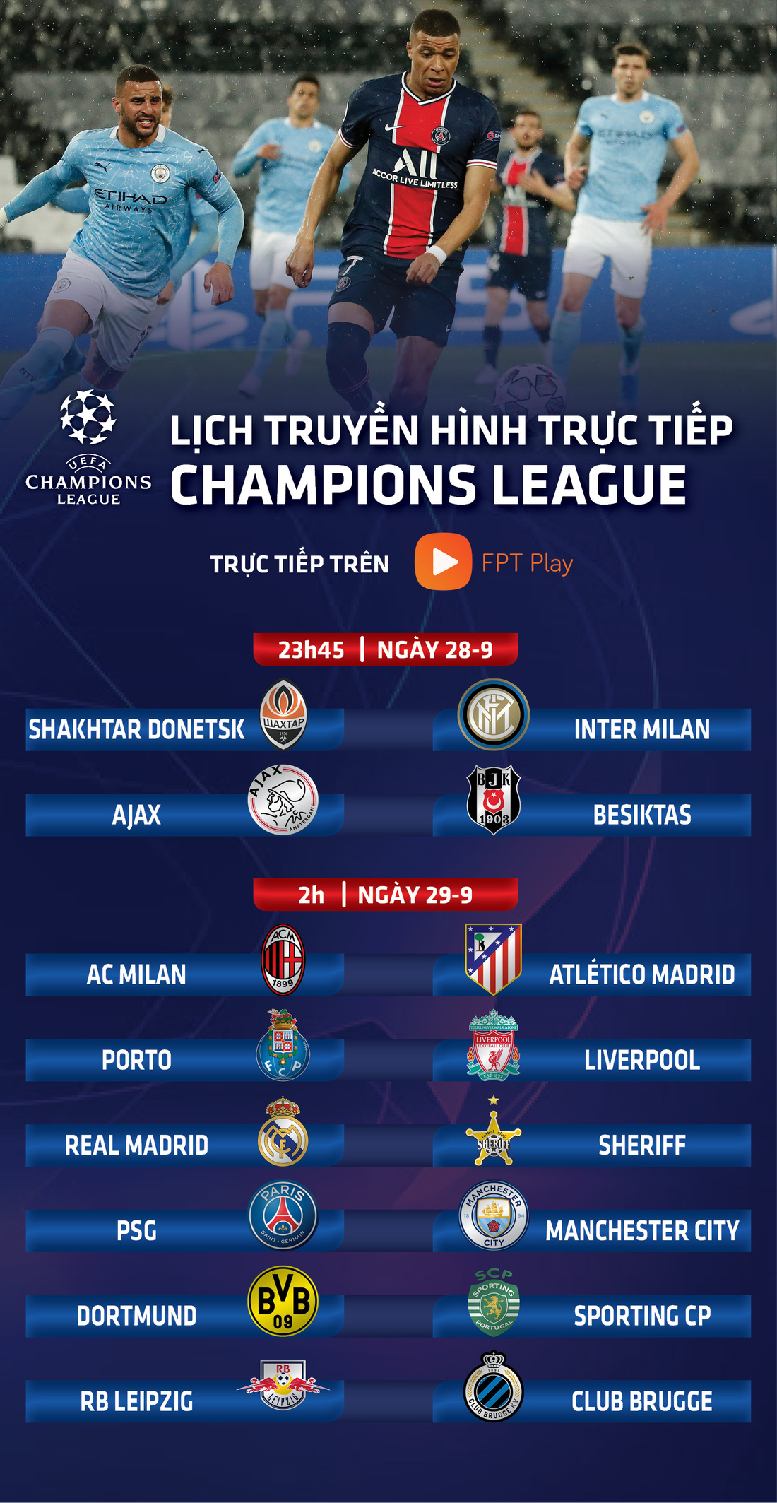 Lịch trực tiếp Champions League: PSG - Man City, AC Milan - Atletico Madrid - Ảnh 1.