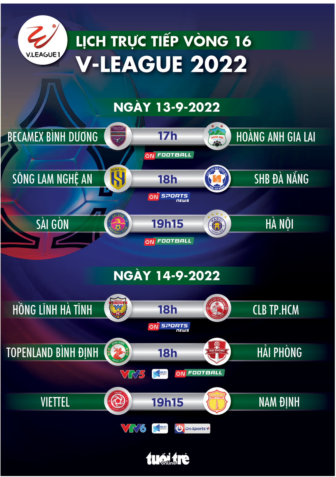 Lịch trực tiếp vòng 16 V-League 2022: Bình Dương - HAGL, Bình Định - Hải Phòng - Ảnh 1.