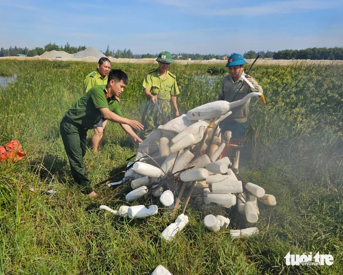 Các dụng cụ bẫy bắt chim trời sau khi thu giữ được lực lượng chức năng tiêu hủy tại chỗ - Ảnh: H.A.