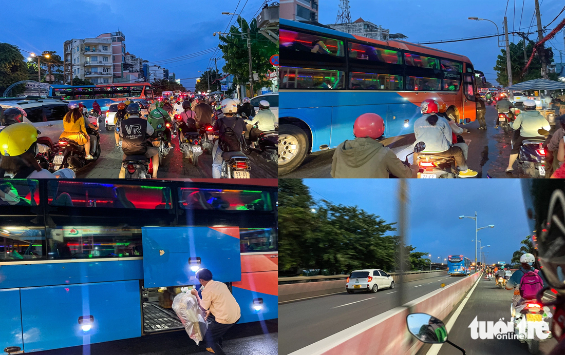 Trong ảnh là xe khách Việt Tân Phát (màu xanh dương) vừa ra khỏi bến xe Miền Đông cũ đã đón khách dọc đường mà phóng viên đã theo sát, ghi nhận được vào tối 22-10
