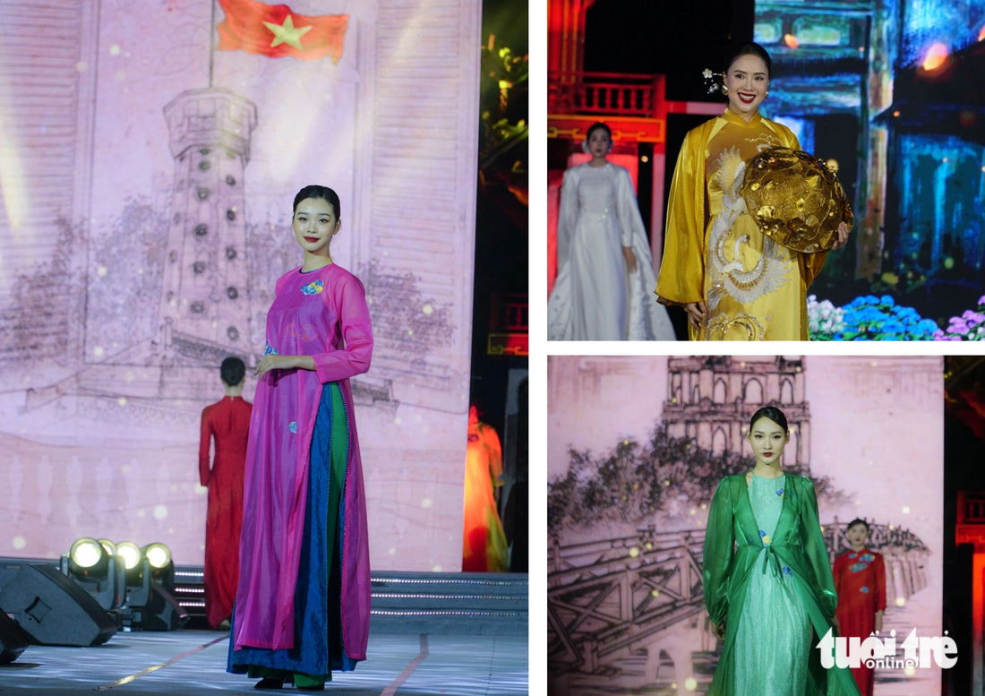 Những mẫu áo dài đa màu sắc được mang đến sân khấu của Lễ hội áo dài du lịch Hà Nội 2023 - Ảnh: NGUYỄN HIỀN